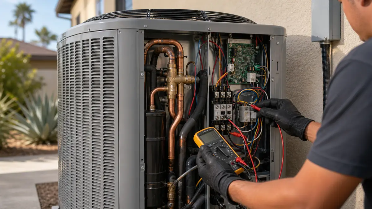 Technician diagnosing a Carrier 27-series heat pump in Santa Clarita